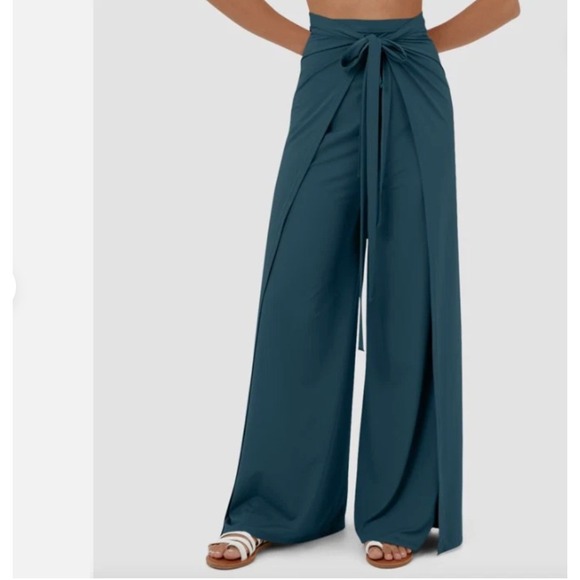 NWT Halara Teal Blue High Waisted Wide Leg Wrap Tie Palazzo Lounge Pants Size M - Picture 1 of 13